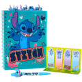 Teal spiral tab journal with Stitch character and heart graphics on the cover.