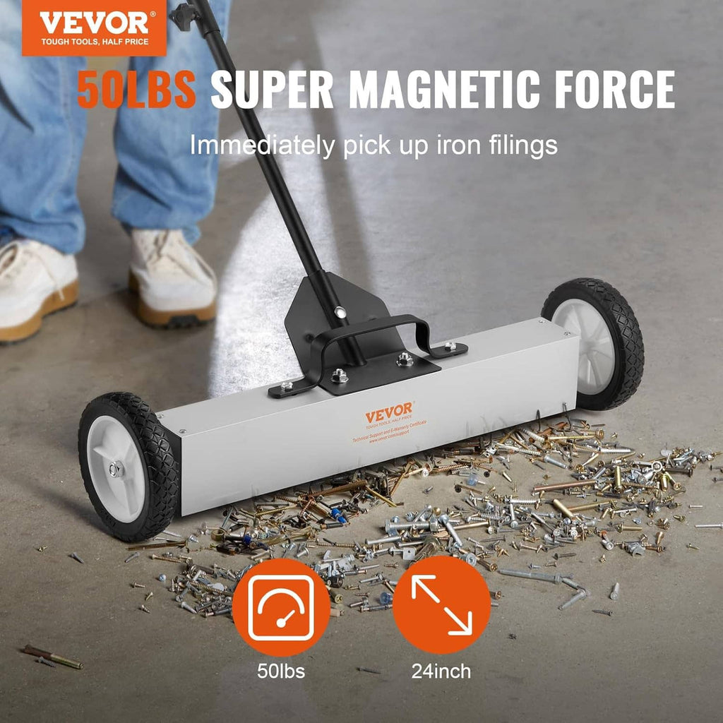 Rolling magnetic pick-up sweeper with large wheels, picking up metal hardware