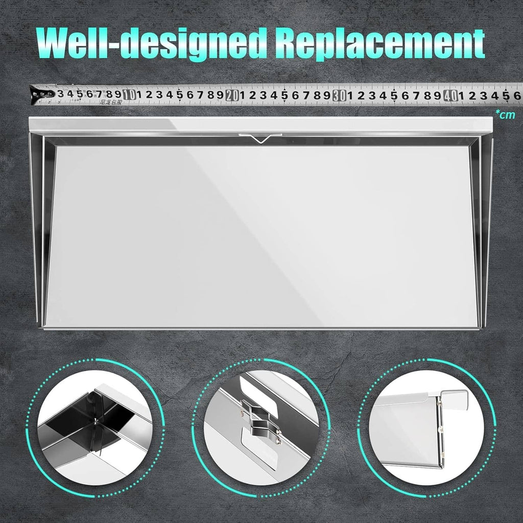 Stainless-steel rectangular grill serving shelf with mounting supports and cutting board