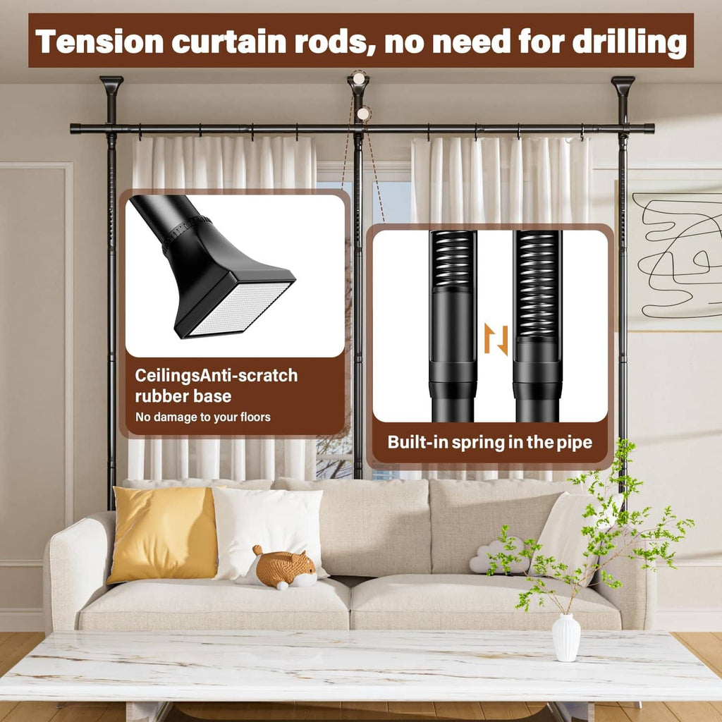 Black tension curtain rod no-drill design with spring-loaded pipe and ceiling base