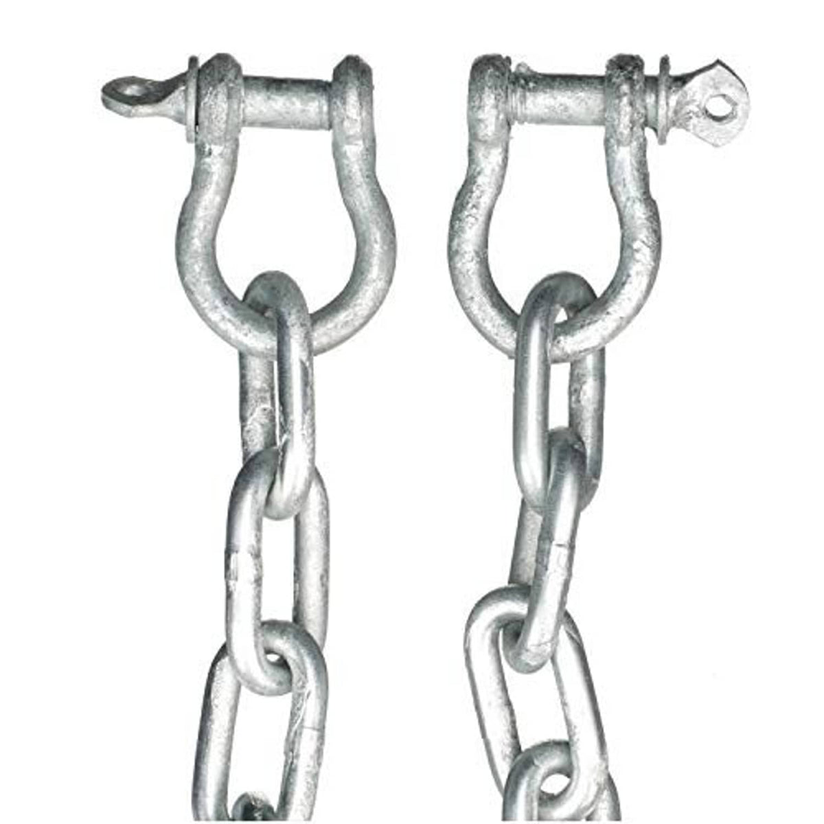 Two galvanized chain ends with U-shaped hooks and captive connector links