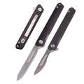 Folding pocket knife with black textured handle and silver flipper blade, open