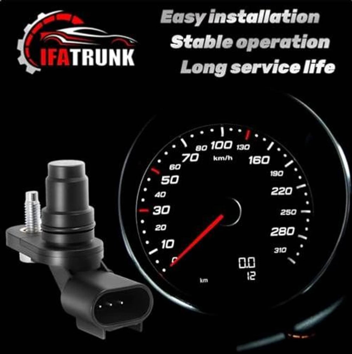 Camshaft position sensor installation graphic with speedometer and black sensor outline