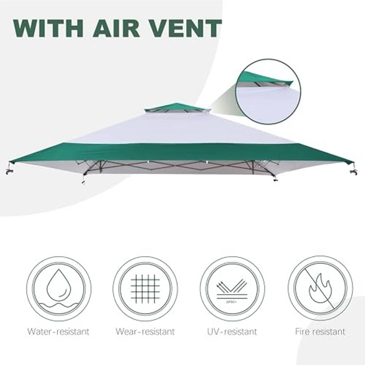 Forest green and white canopy replacement top with air vent on the roof panel