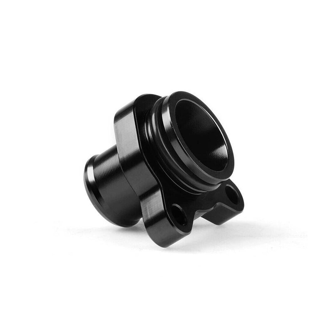 Black coolant water hose fitting, close side view of threaded inlet and outlet