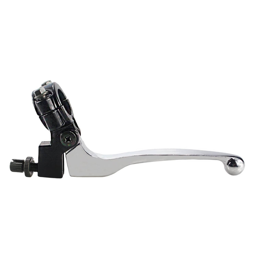 Silver left folding brake lever with black pivot bracket and chrome lever tip