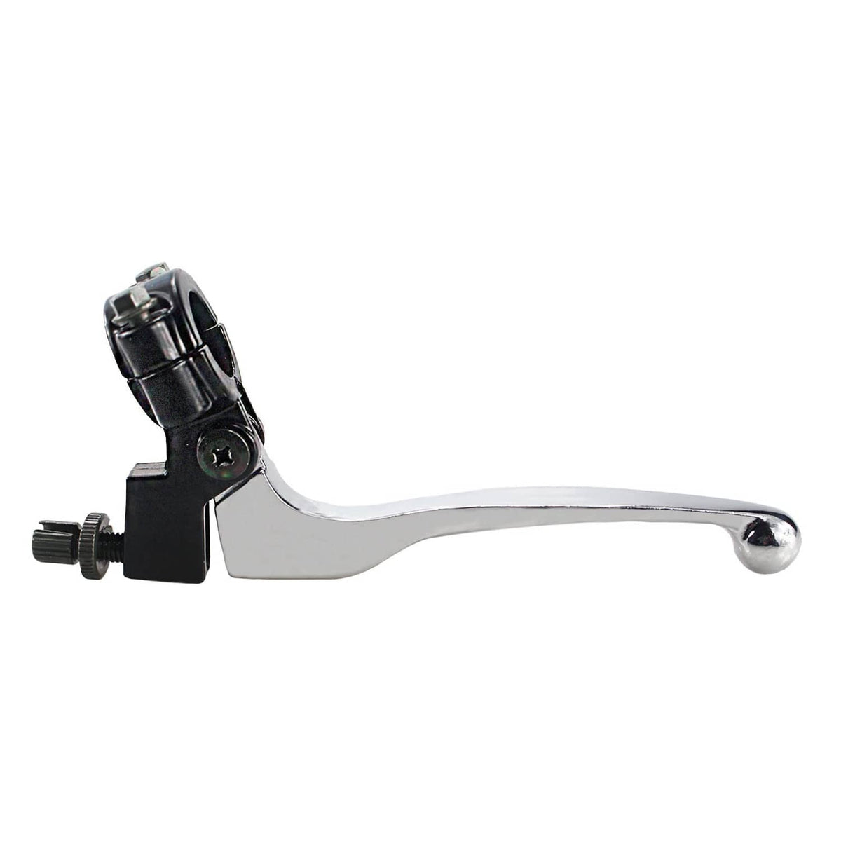 Silver left folding brake lever with black pivot bracket and chrome lever tip