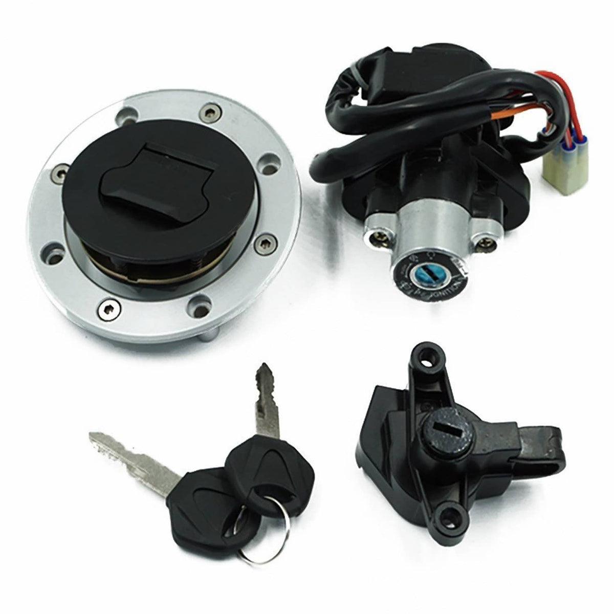 Ignition switch lock assembly with black key cylinder, round silver base, two keys