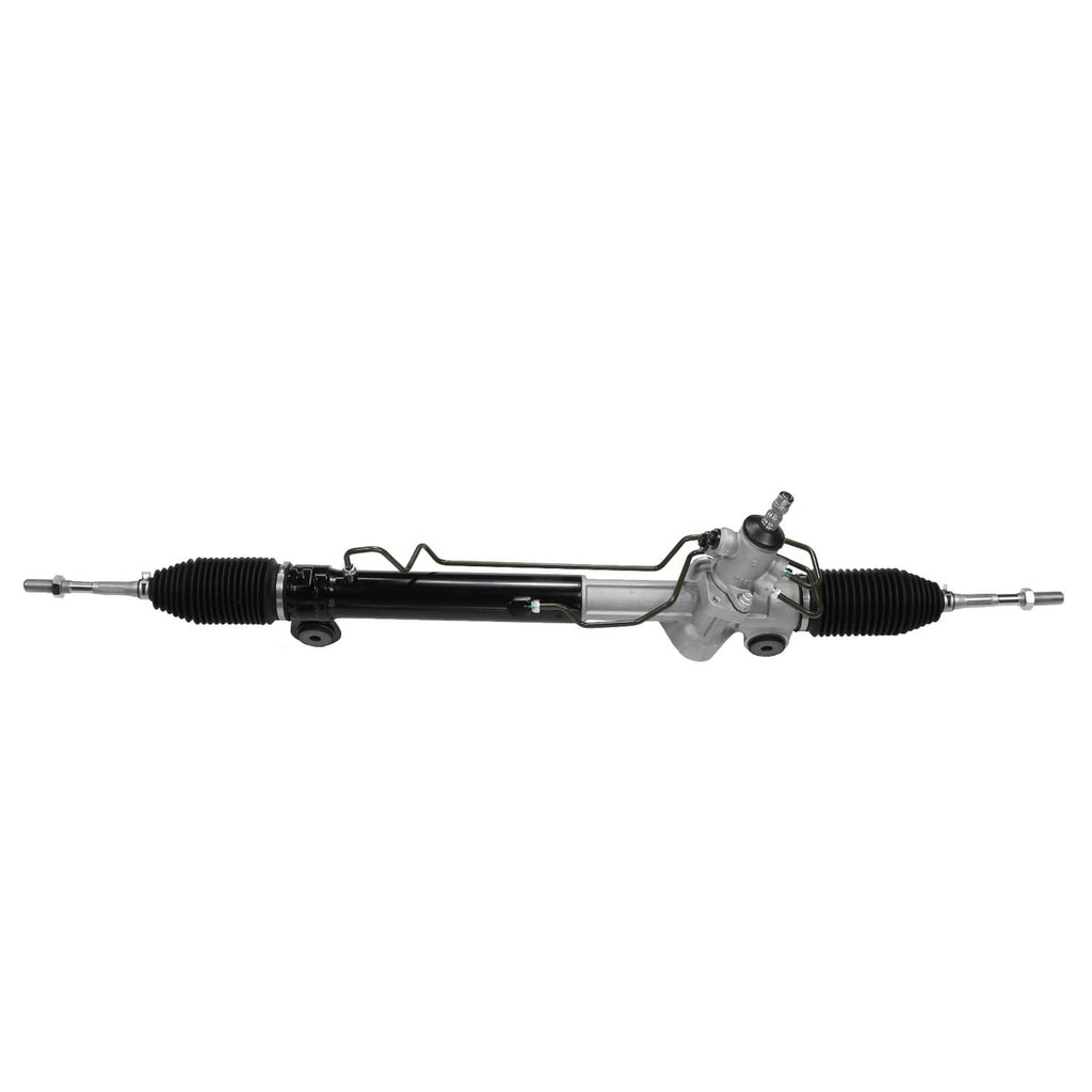 Power steering rack and pinion assembly, long steering linkage with rubber boots