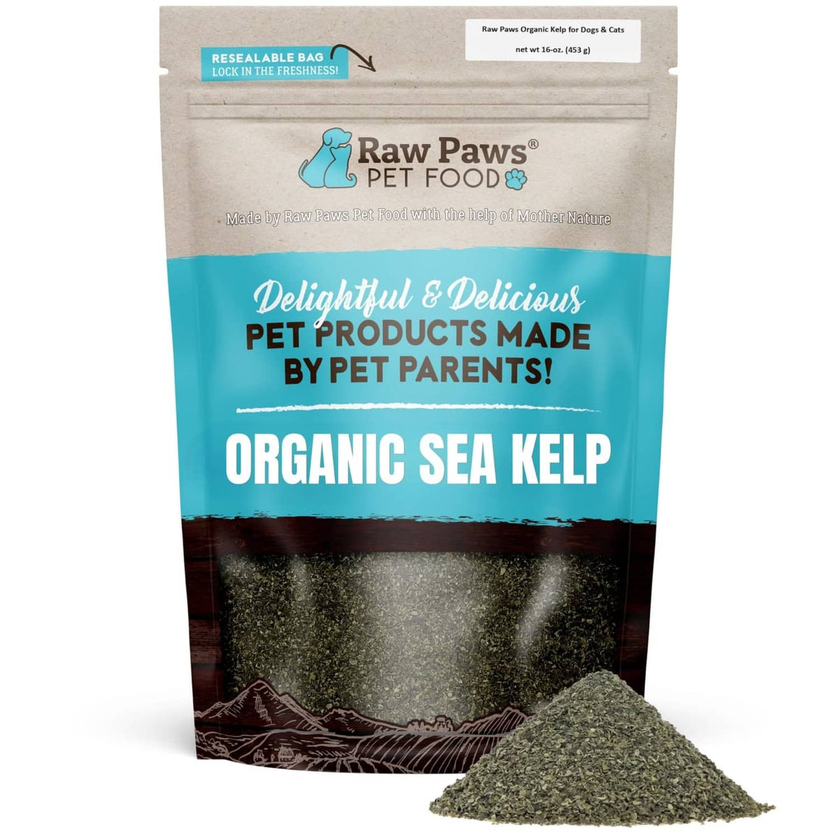 Organic sea kelp supplement pouch with loose dried kelp powder heap