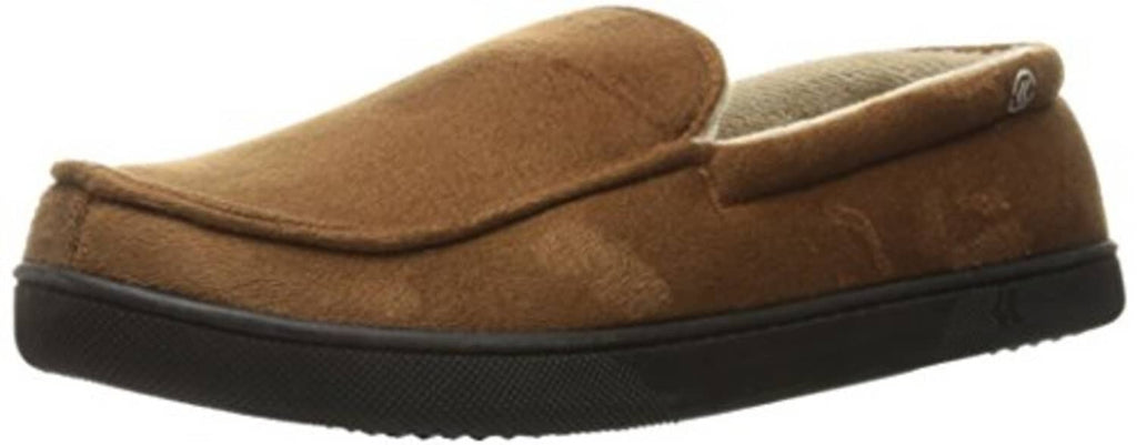 Cognac microsuede moccasin slipper with stitched moc toe and black platform sole