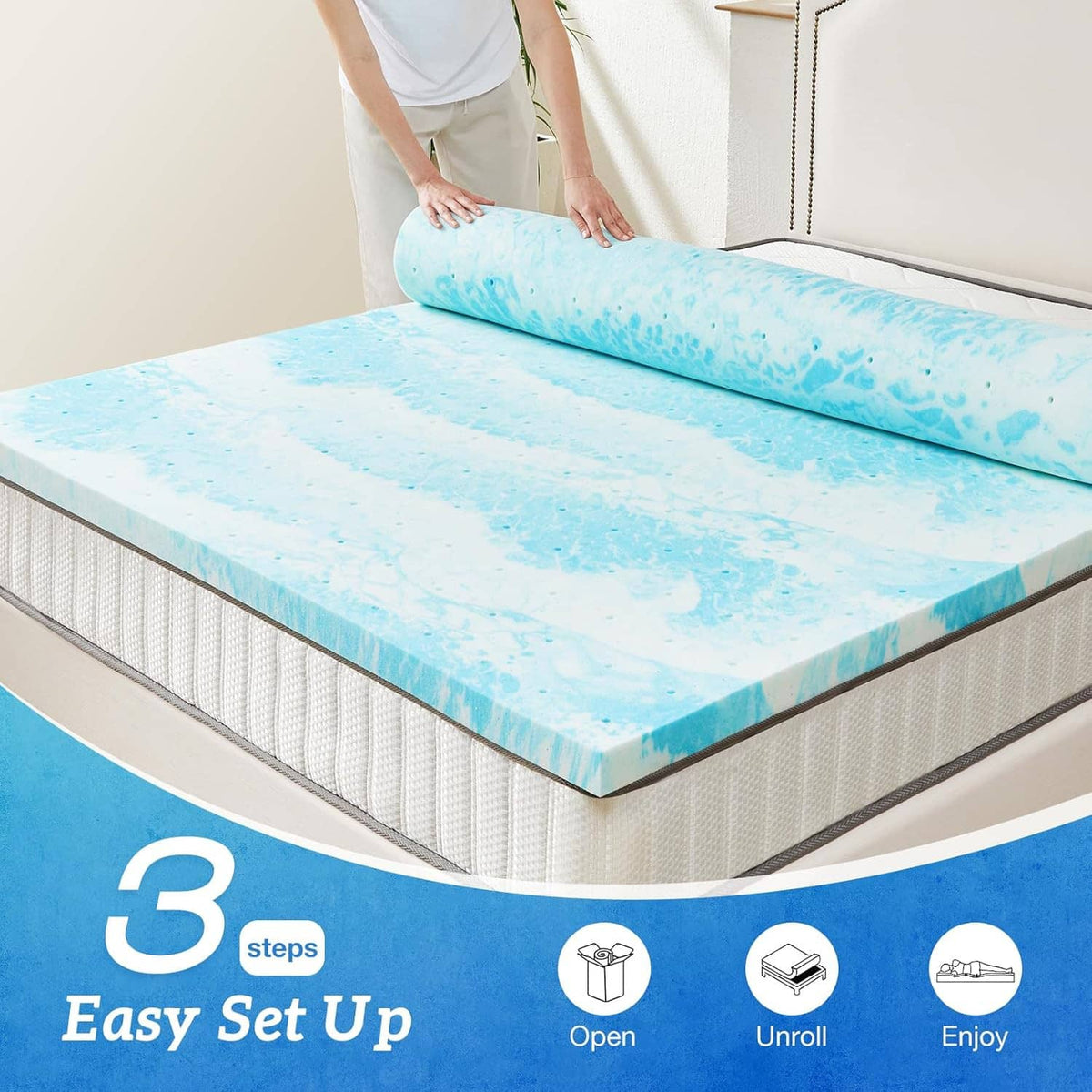 Blue mattress topper on a bed with visible thickness edge and open seam