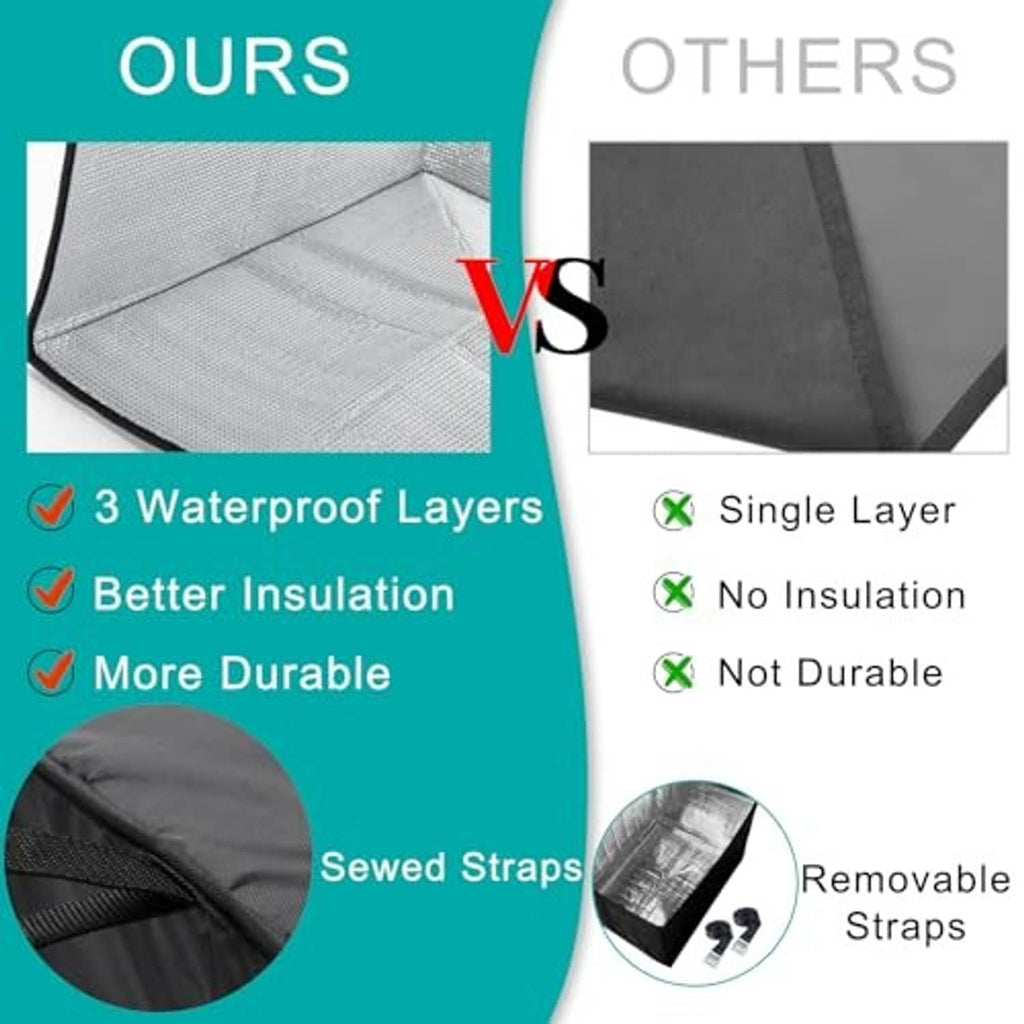 Black AC insulation cover material close-up with stitched straps and reflective surface