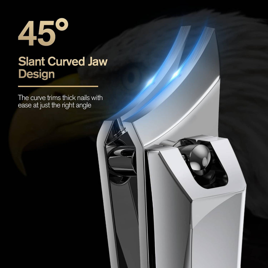 Slant-curved ingrown nail clipper jaw design with smooth silver cutting blade.