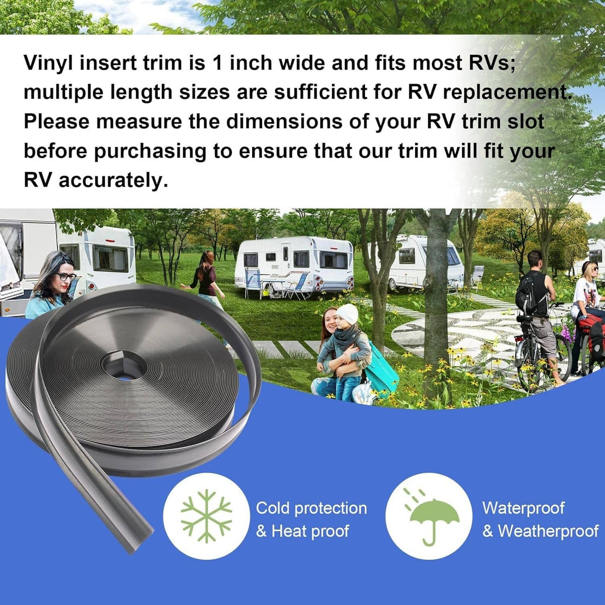 Black vinyl trim insert molding roll and curved strip shown with outdoor RV scene backdrop