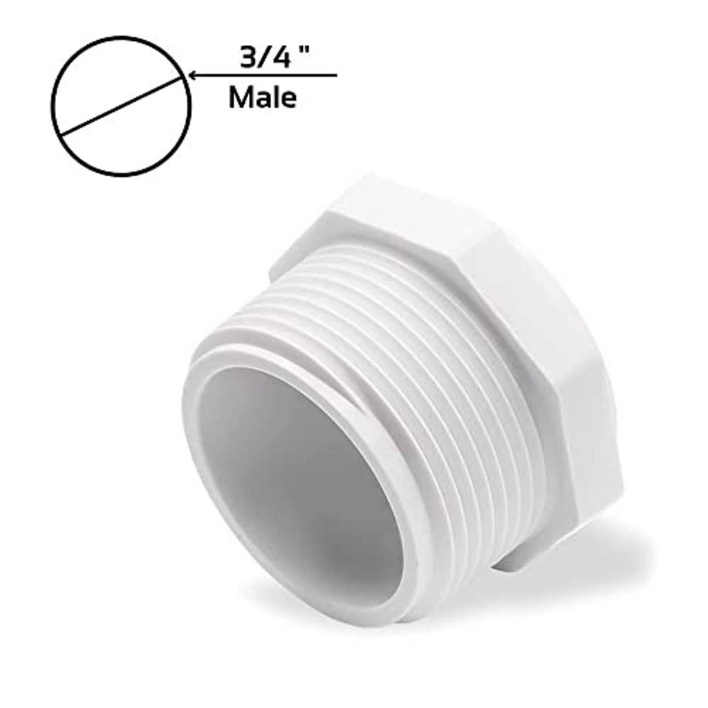 White PVC male threaded pipe end cap, MNPT 3/4, cross-view of threads and opening