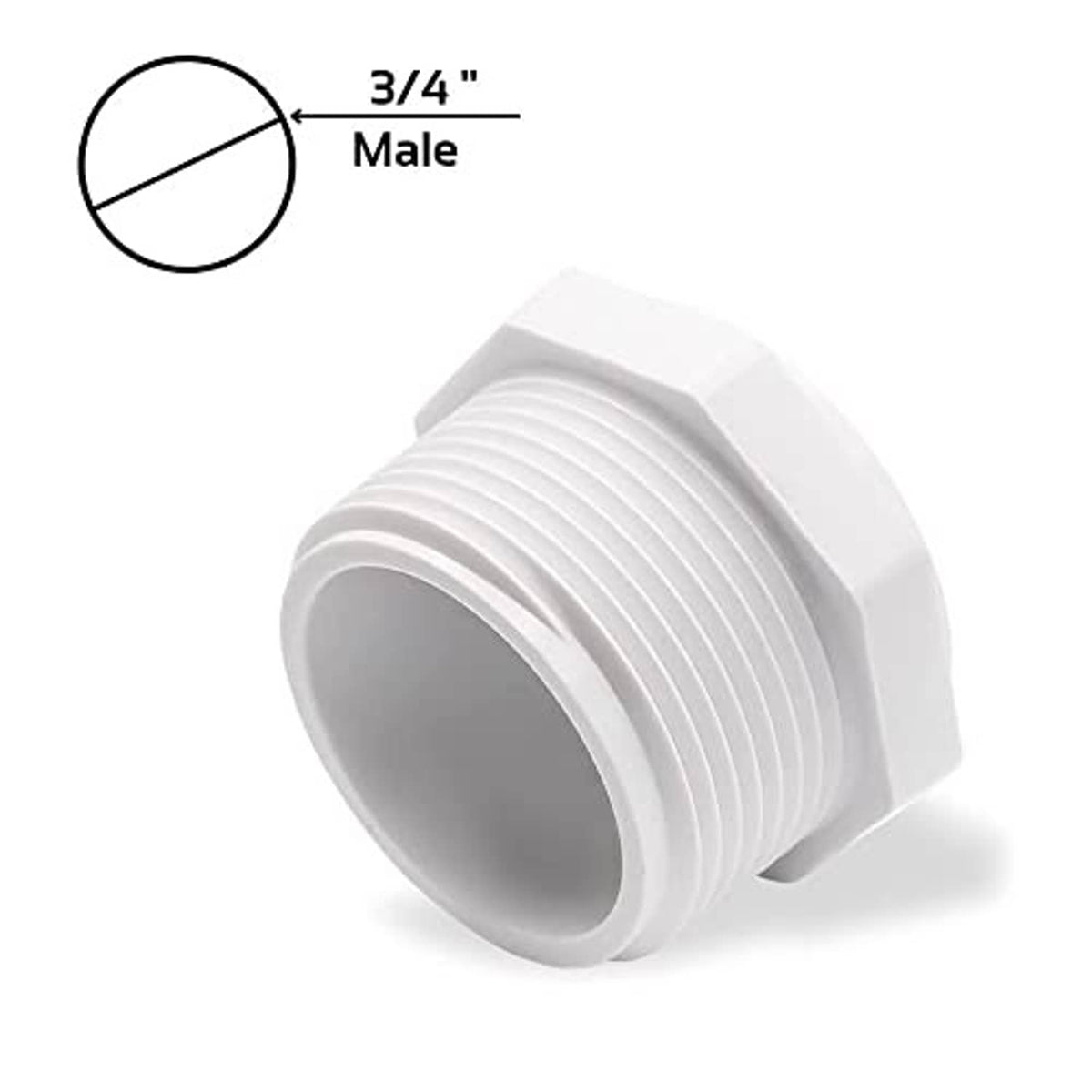White PVC male threaded pipe end cap, MNPT 3/4, cross-view of threads and opening