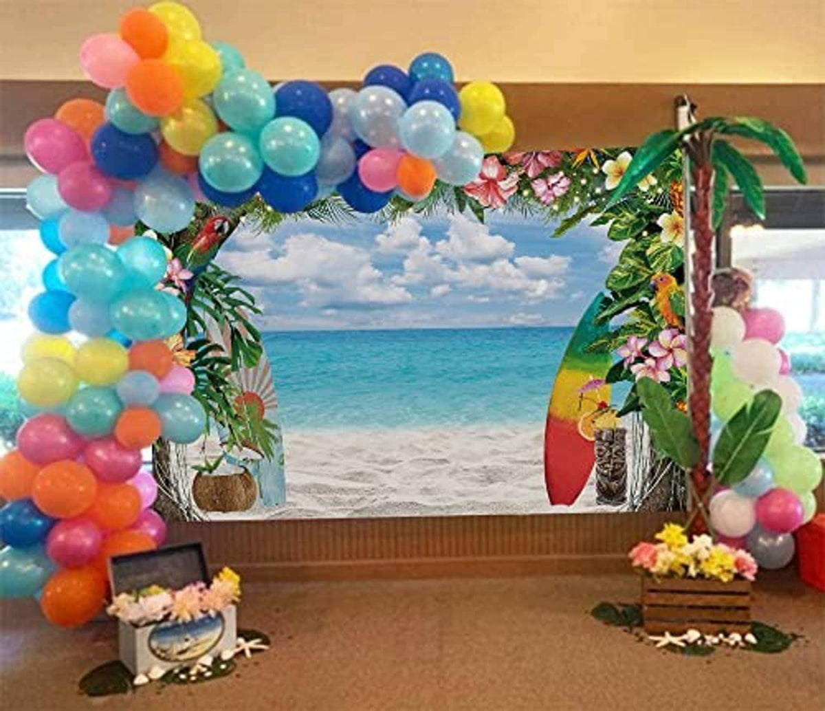 Tropical beach photography backdrop with floral border over ocean and sand, surfboard at right