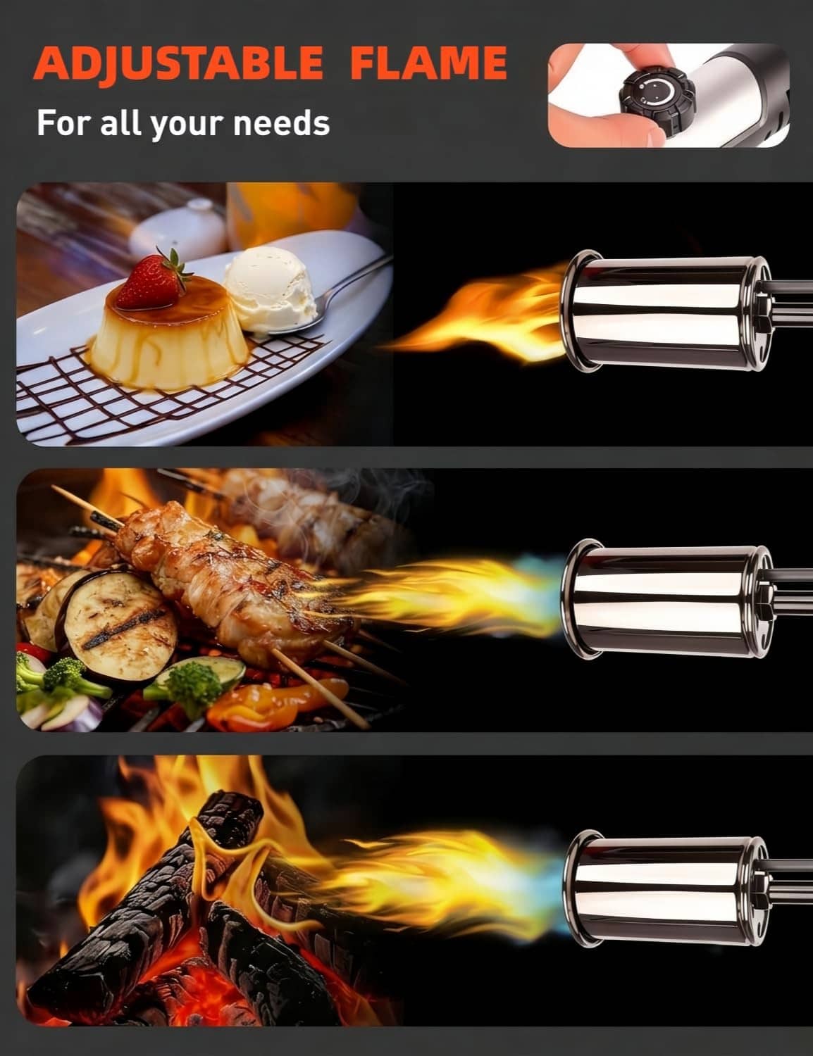 Adjustable propane torch gun with flame nozzle for kitchen and grilling use