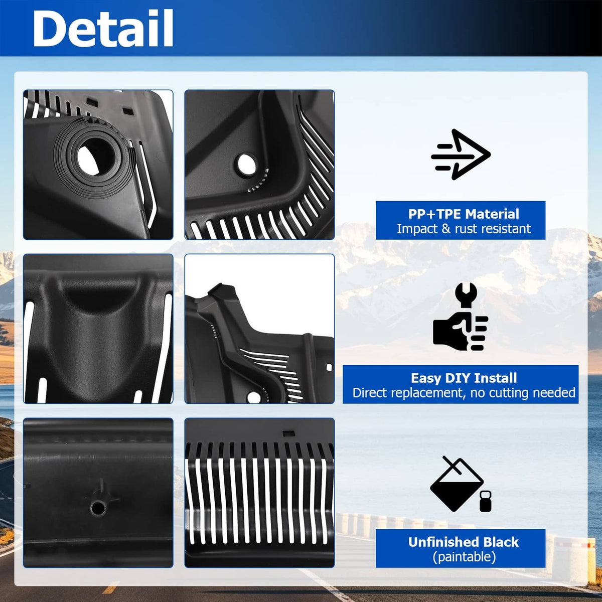 Black wiper cowl grille panel detail with vent slats and molded mounting tabs
