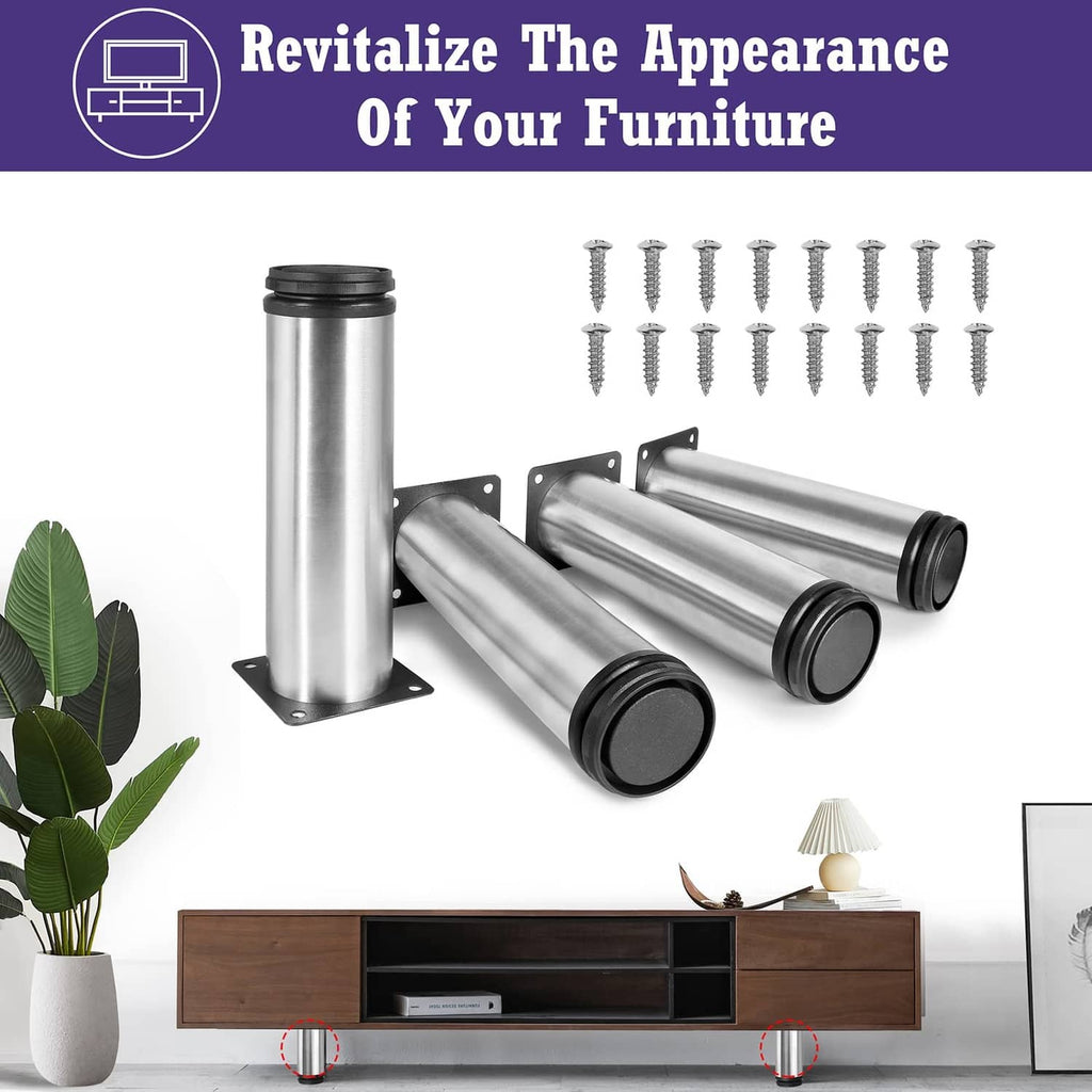 Set of stainless steel furniture legs with black adjustable bases and mounting brackets