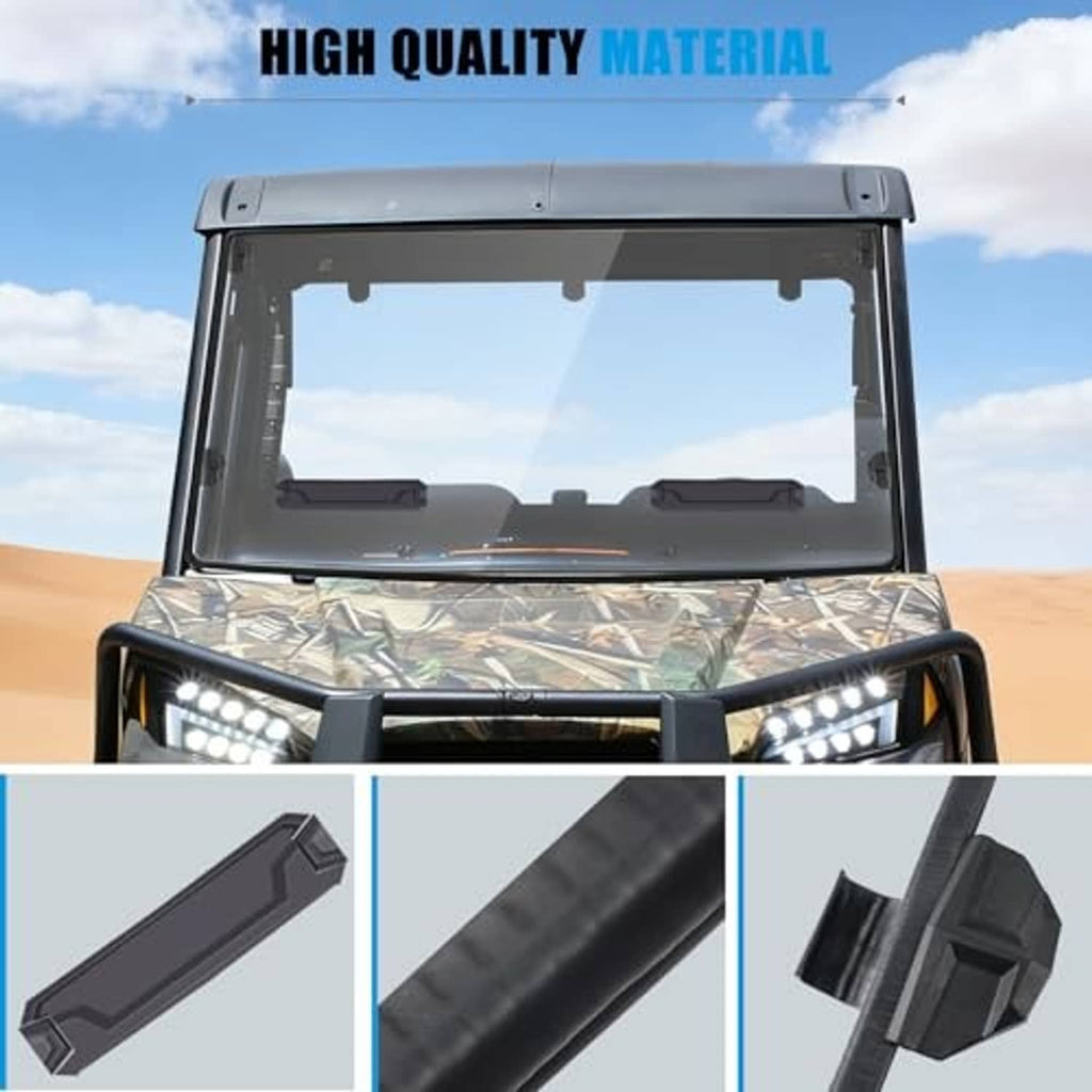 Vented front windshield with clear glass and sturdy frame