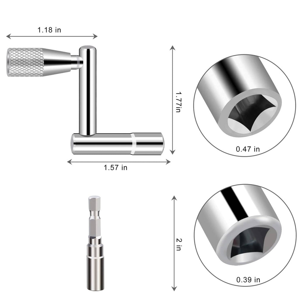 Drum tuning key and drill bits with size measurements diagram in inches