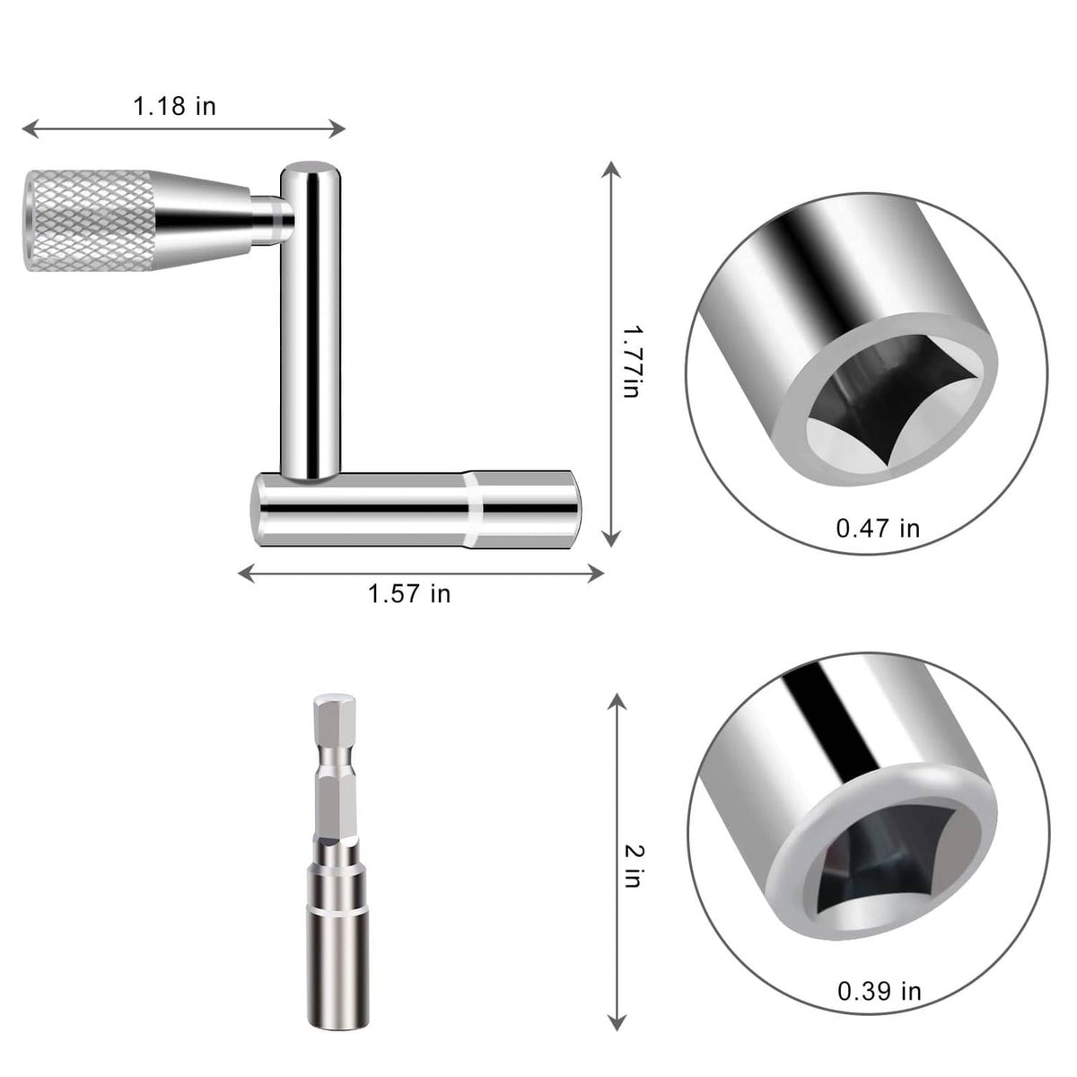 Drum tuning key and drill bits with size measurements diagram in inches