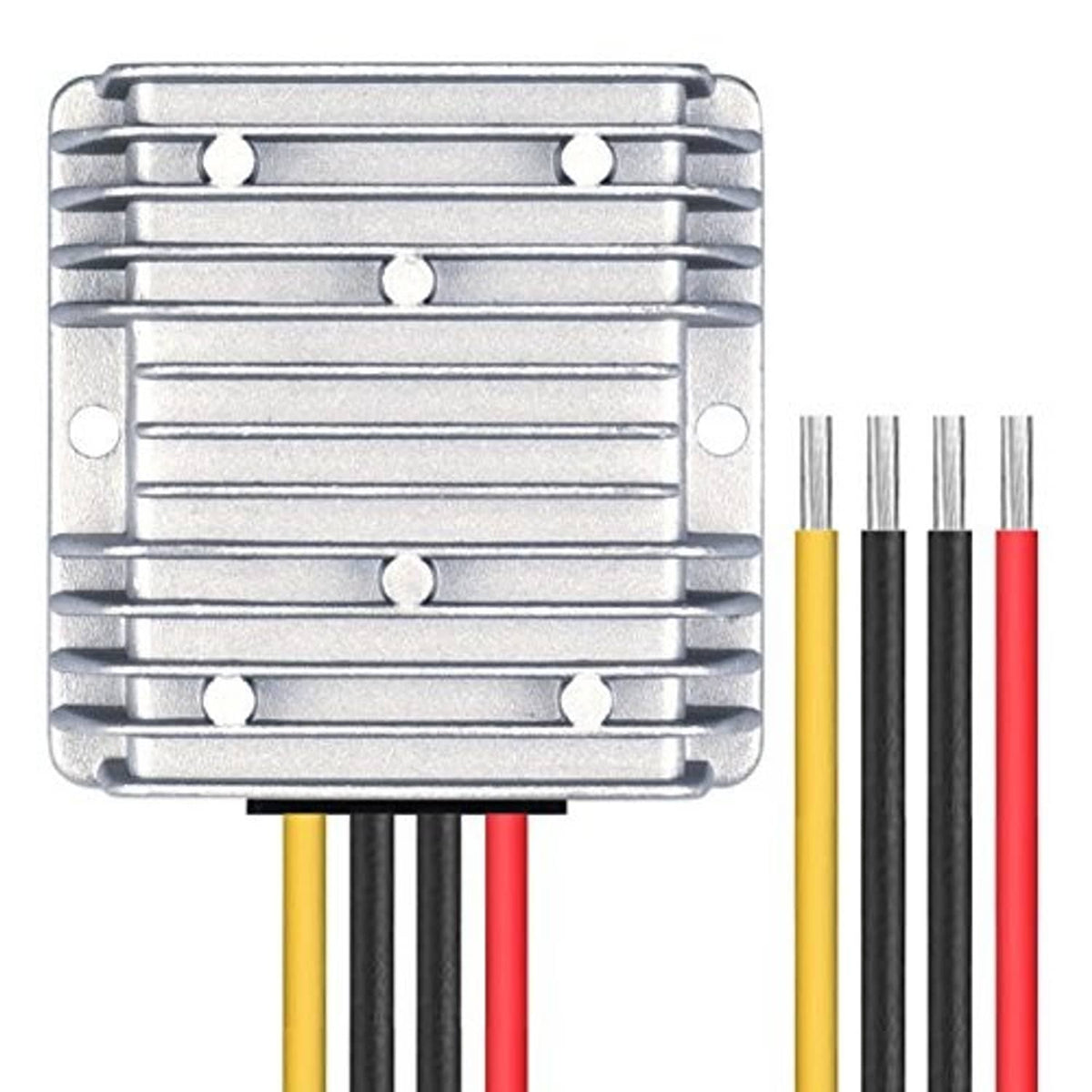 Silver finned DC converter case with terminal block and four colored wires