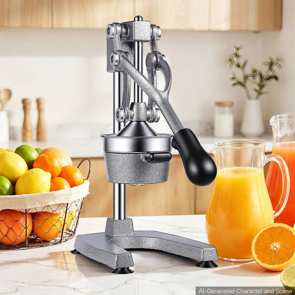 Manual citrus juicer on base with lever handle, with jug and cut orange nearby