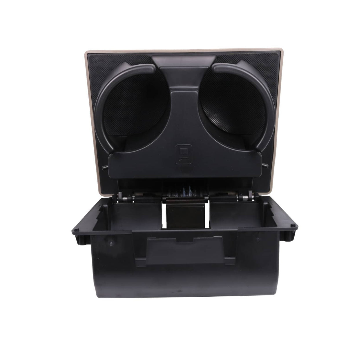 Black dashboard cup holder face with two cup openings and textured center panel