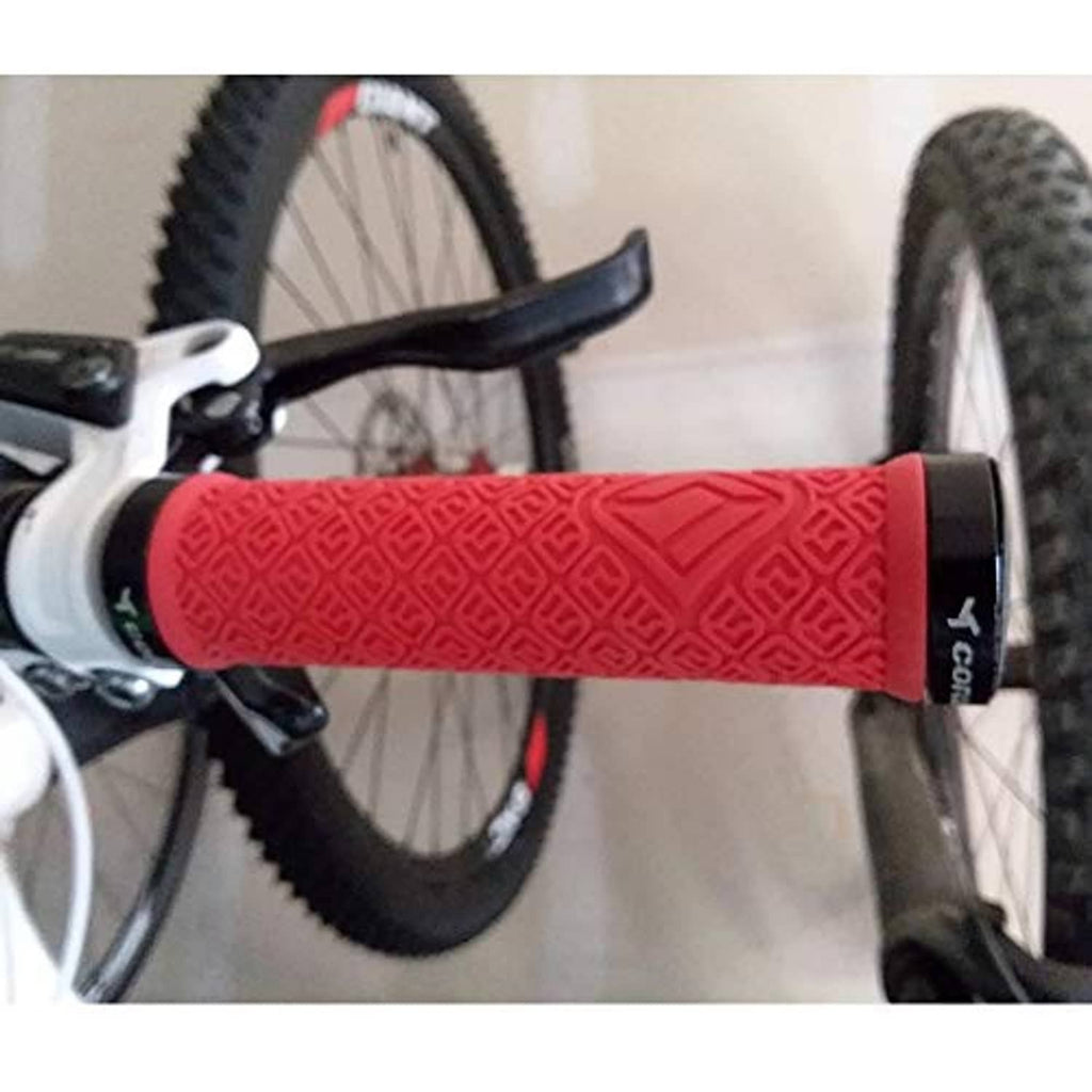 Red bicycle handlebar grips with textured pattern and black double-lock end caps
