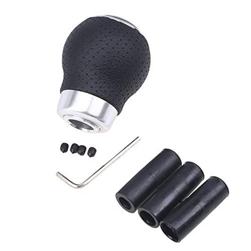 Black textured leather gear shift knob with silver base, hex key, clips, and three sleeves