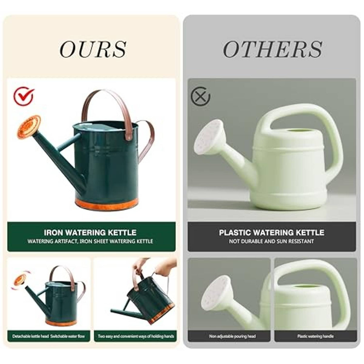Teal metal watering can on info card comparing iron vs plastic watering kettles