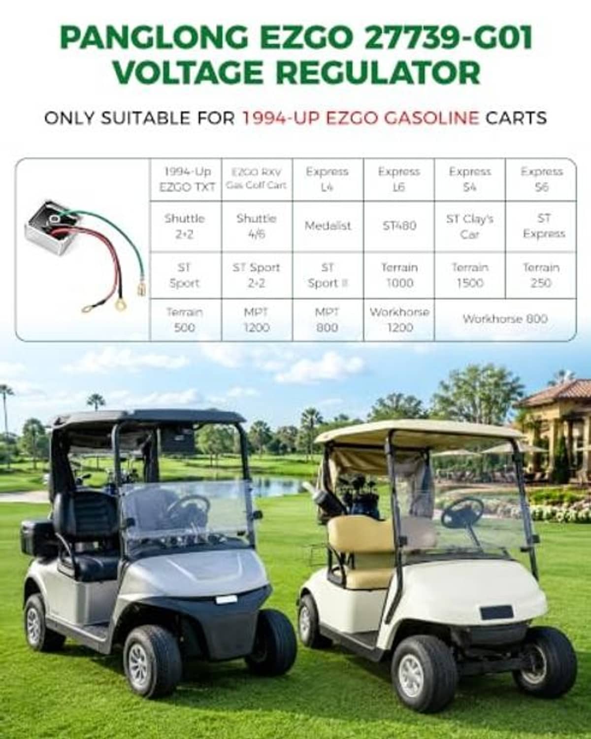 Voltage regulator compatibility chart for EZGO gasoline carts, shown with two golf carts