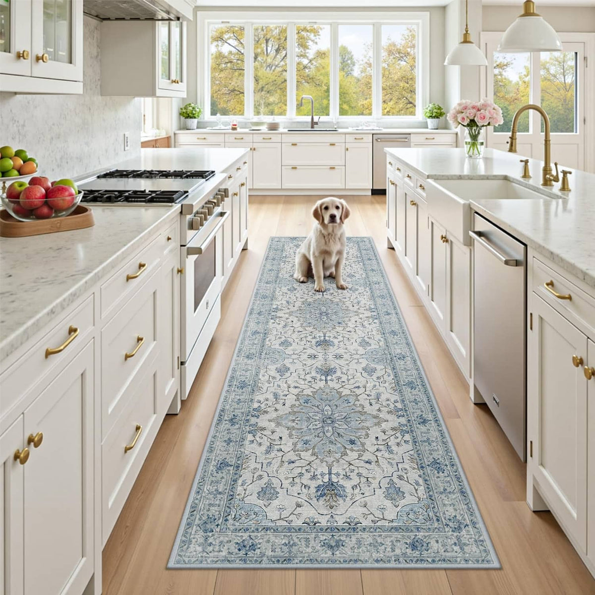 Blue, white and gray rectangular washable runner rug with ornate scrolling pattern