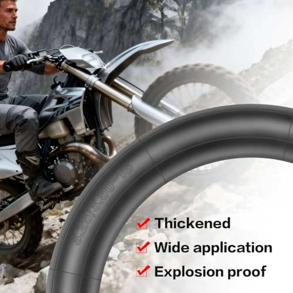 Black inner tube on a dirt bike wheel, valve area visible