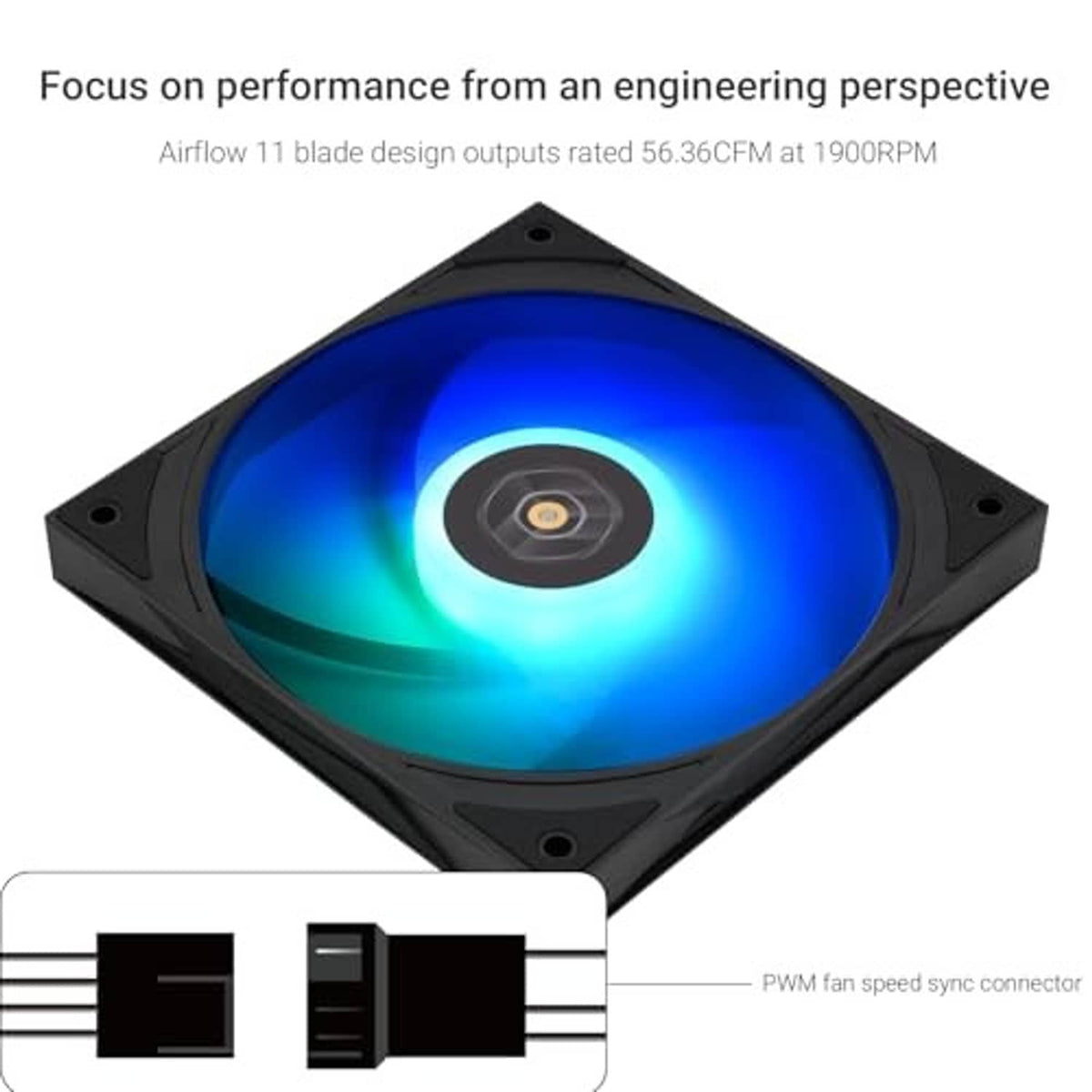 Black square ARGB fan with RGB glow and four corner mounting screw holes