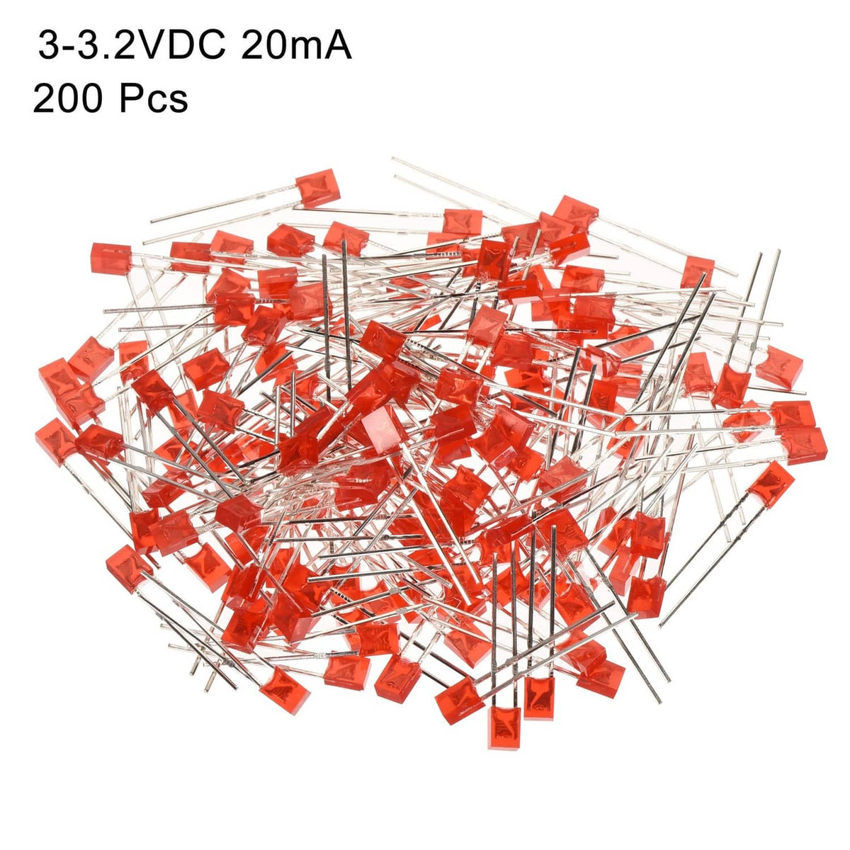 Bulk red rectangular LED lamp bulbs with silver leads, assorted pack pile