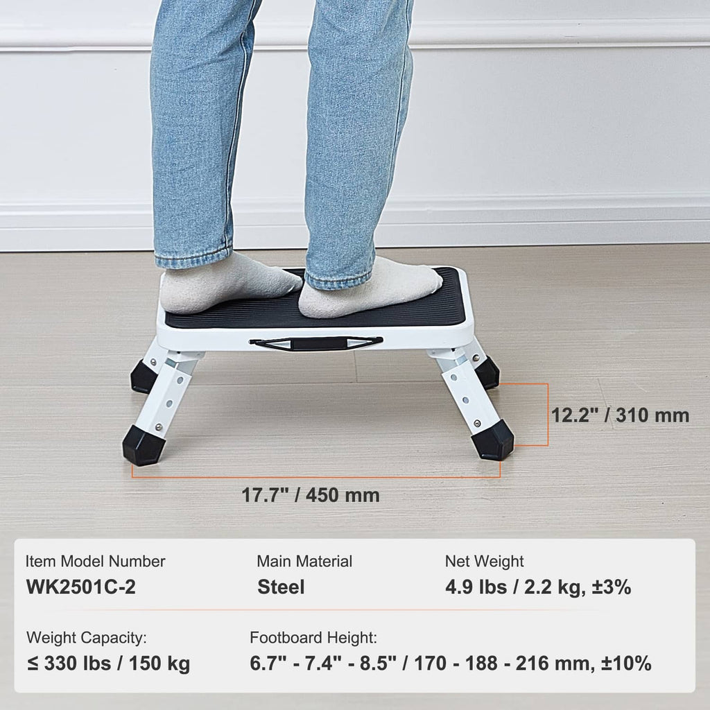 Step stool ladder with black platform and rubber feet with adjustable height legs