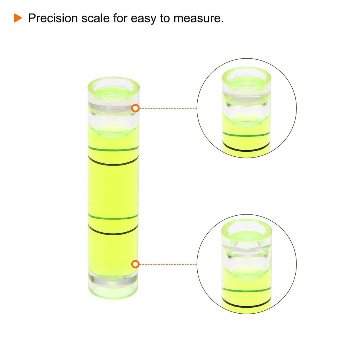 HARFINGTON cylindrical bubble level vial with black scale marks, neon yellow liquid