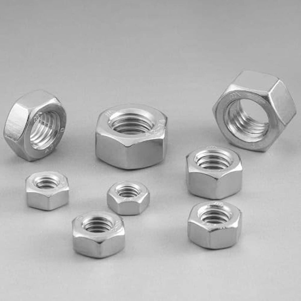 Set of stainless steel hex nuts, silver finish, multiple threaded bores