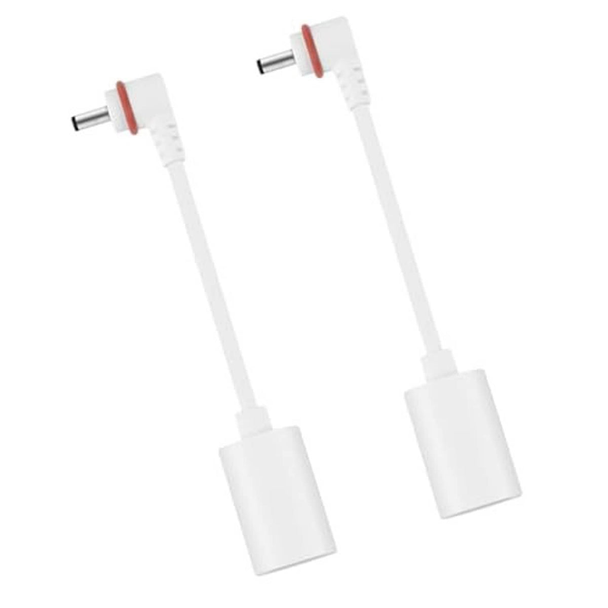 USB-C to barrel plug adapter cable pair with white barrel ends and red-ring connectors