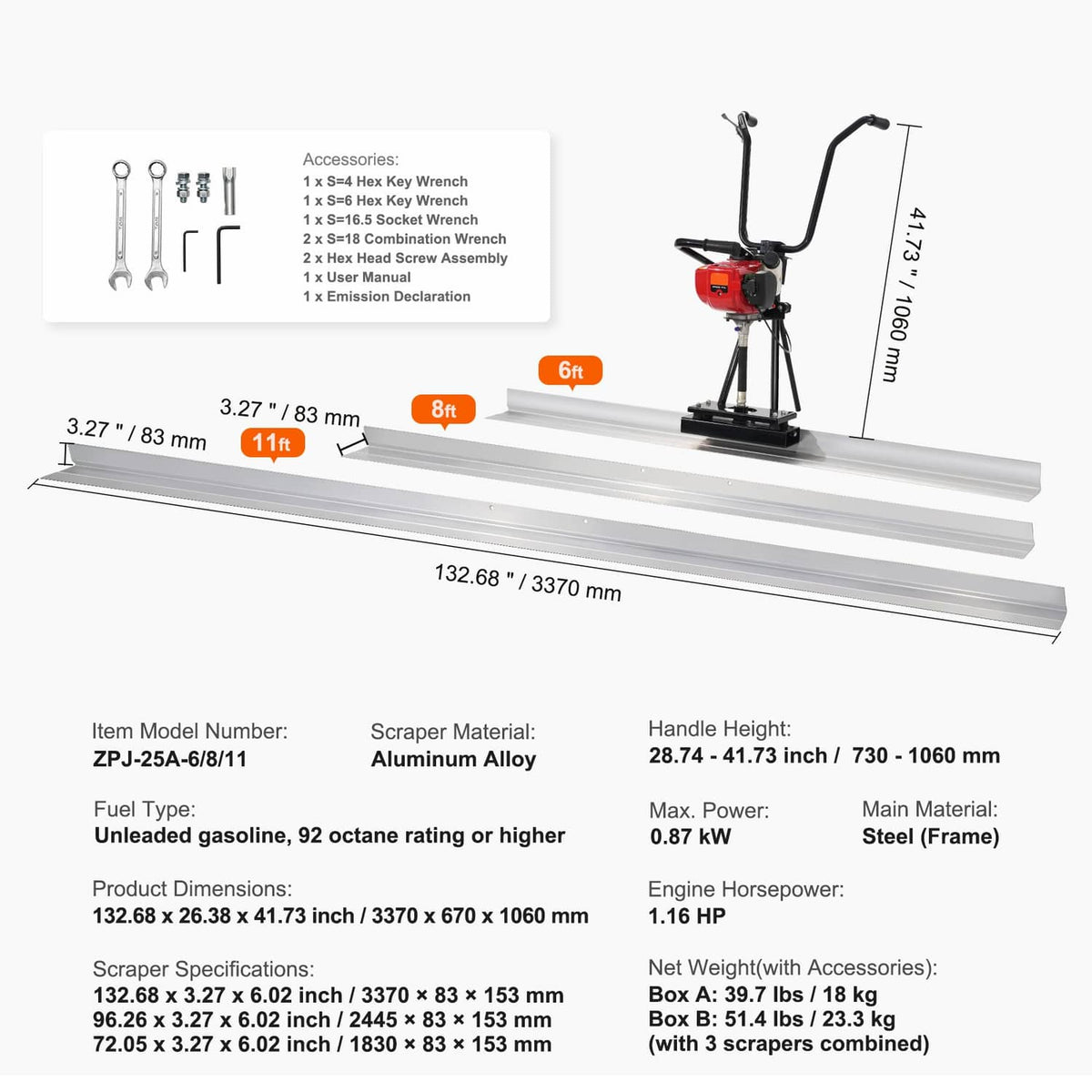 Gas concrete float screed with aluminum rails and height-adjustable double handle