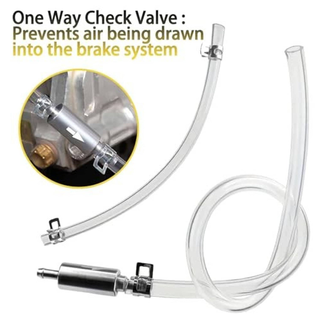Brake bleeder hose kit with inline check valve, two clear tubes, and metal clamp fitting