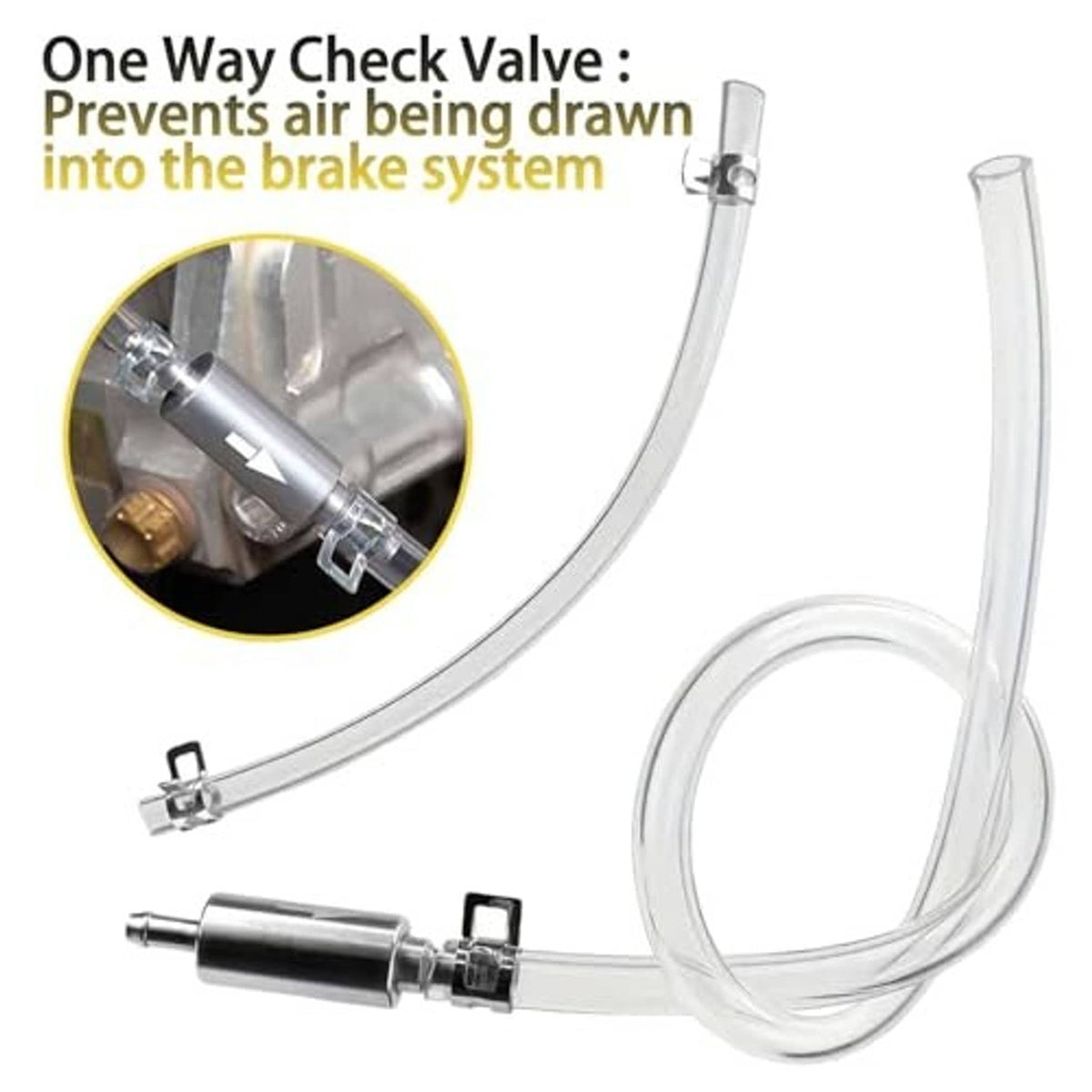 Brake bleeder hose kit with inline check valve, two clear tubes, and metal clamp fitting