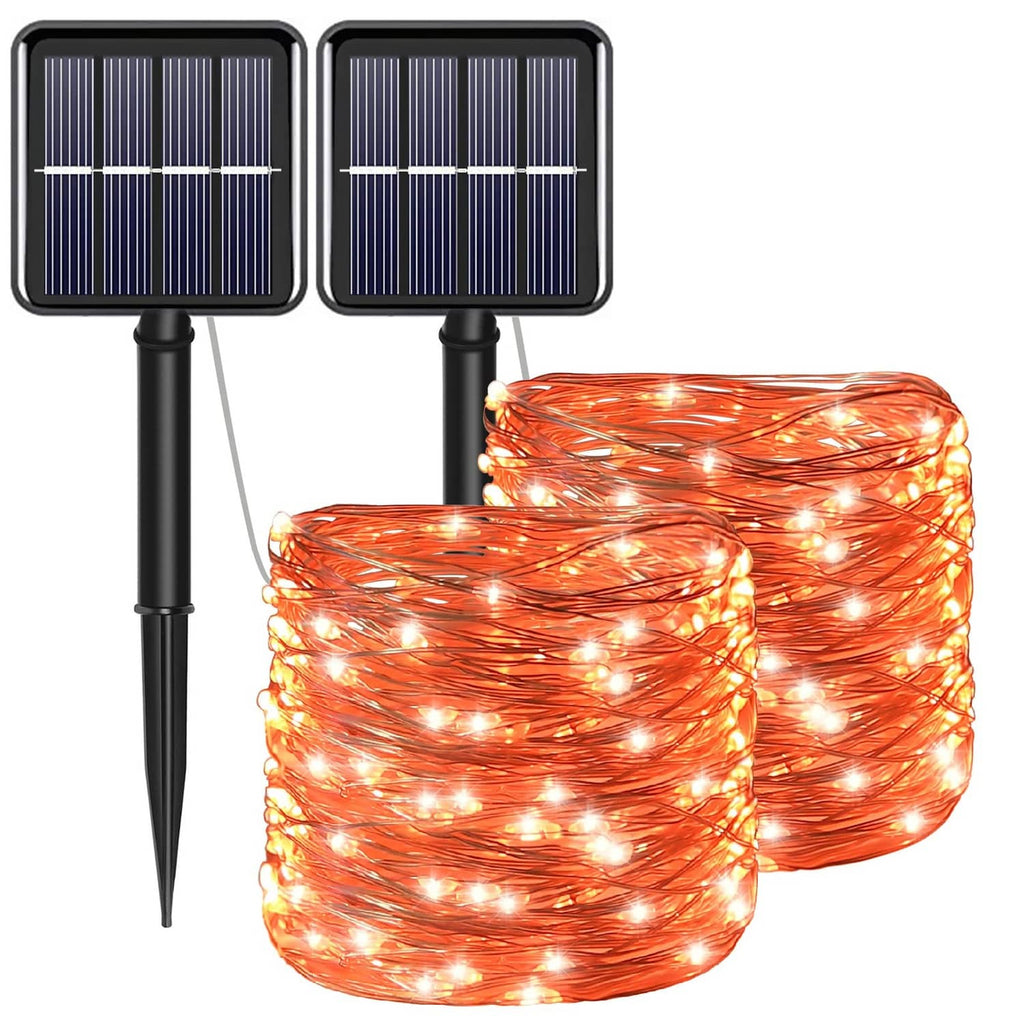 Solar orange copper string lights, bundled coil with warm white bulbs