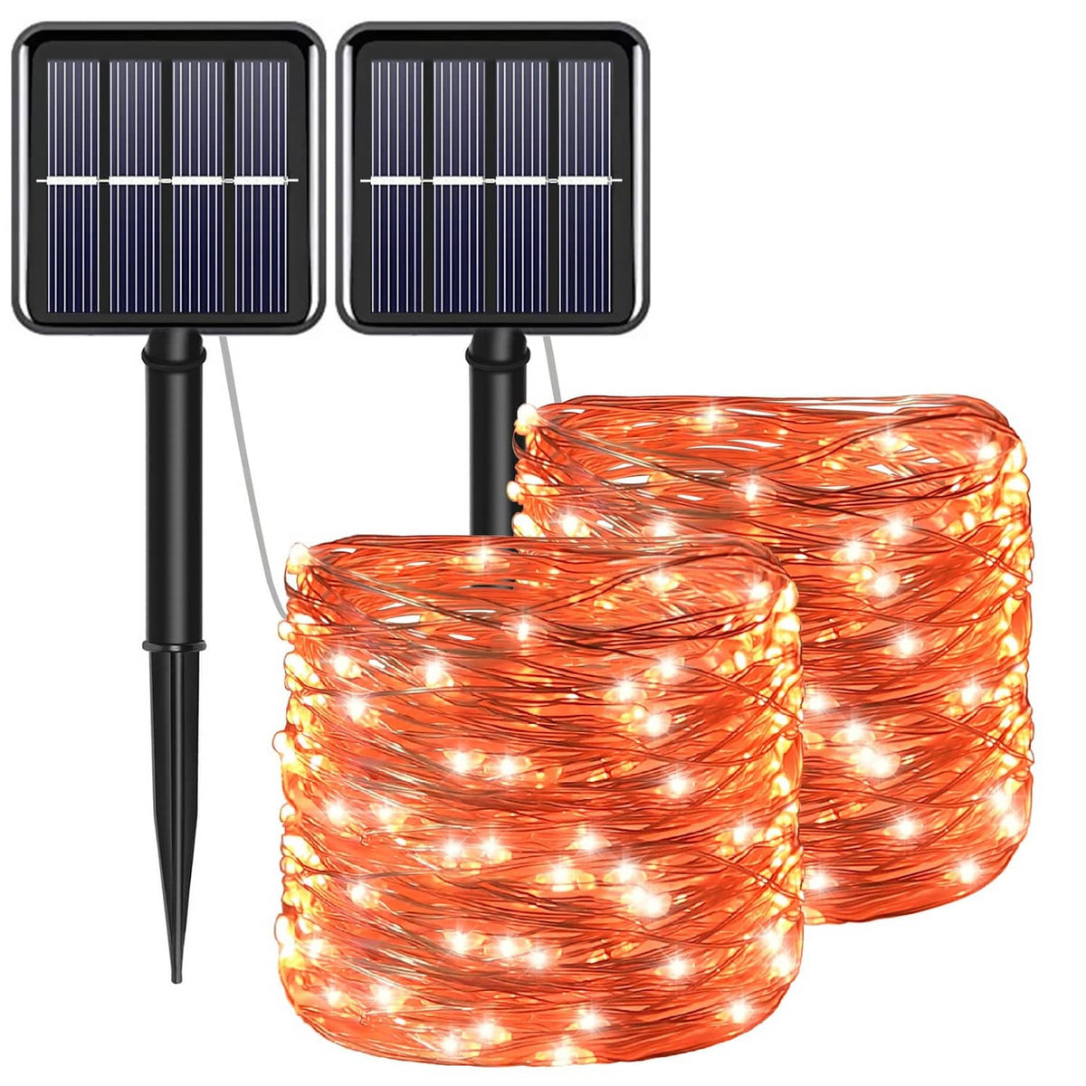 Solar orange copper string lights, bundled coil with warm white bulbs