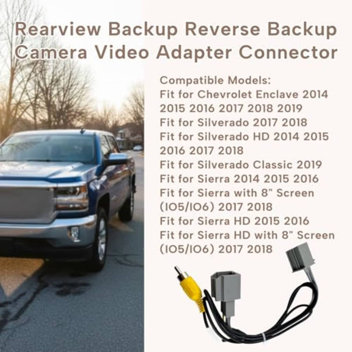 Backup camera adapter harness with yellow RCA-style plug and grey multi-pin connectors