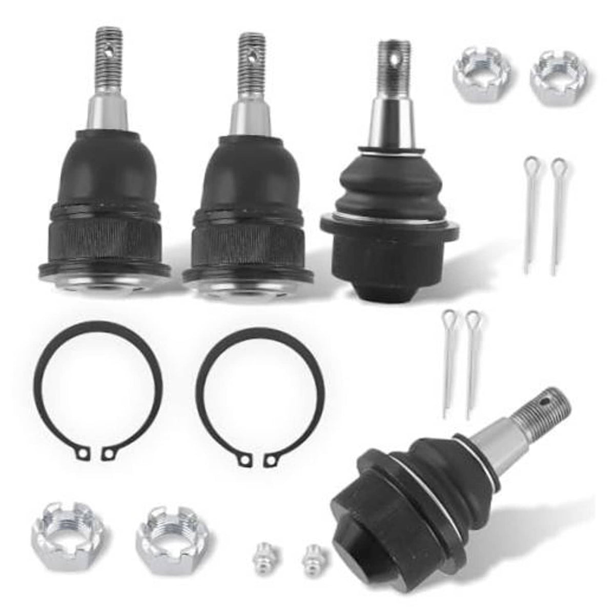 Ball joint kit with black rubber boots, threaded studs, and hex nuts